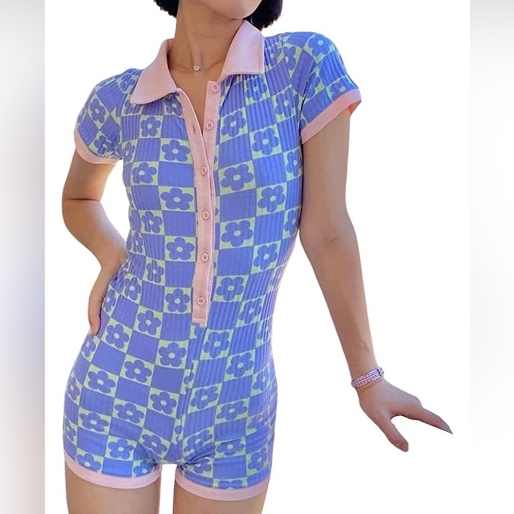 NWT Short Sleeve Retro Ribbed Jumpsuit Knit V-Neck Bodysuit Overall Romper